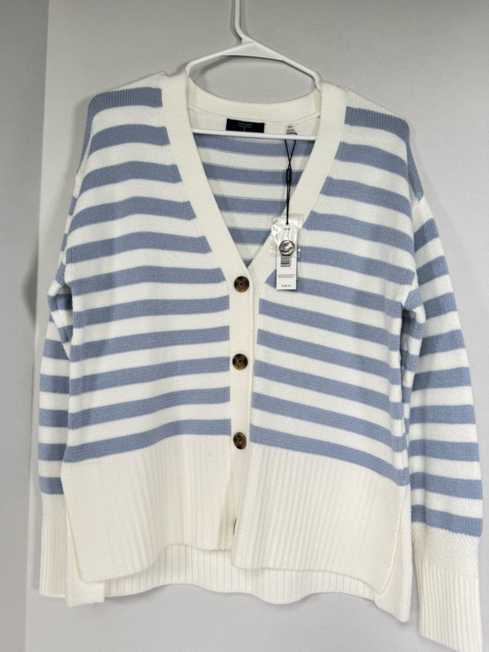 T-Tahari Women’s Blue & White Striped V-Neck Cardigan